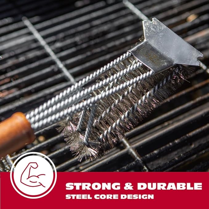 BBQ-AID All Angles BBQ Grill Brush for Outdoor Grill ??Cleans All Angles, Large Wooden Handle, and Stainless Steel Bristles - BBQ Brush for Grill Cleaning ??Grill Cleaner Brush Safe for BBQ and Grill