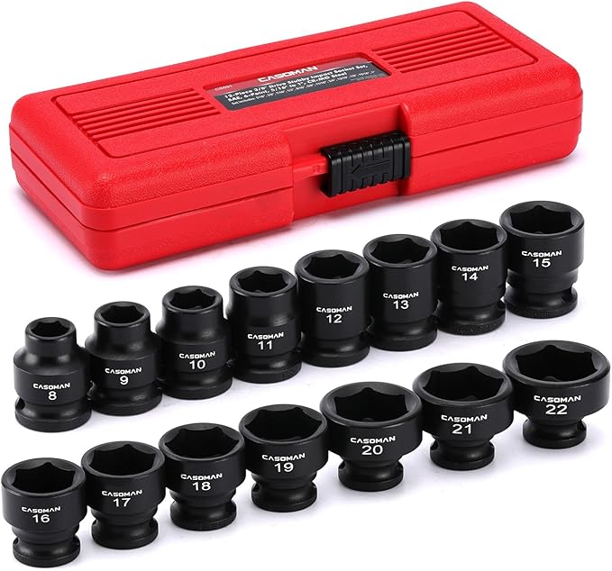 CASOMAN 15PCS 3/8" Drive Stubby Impact Socket Set, Low Profile, 8-22mm, Metric, CR-MO, 6-Point, 15 Pieces Shallow Socket Set for Automotive Maintenance, Repairs and DIY, for Tight Areas