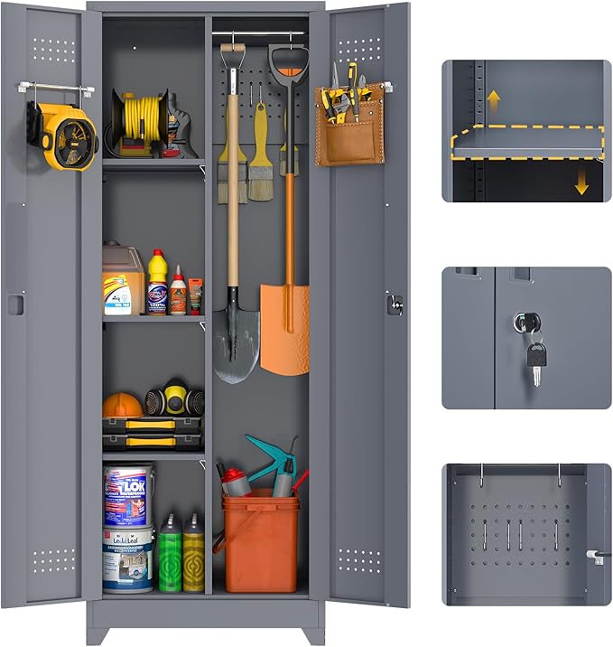 GREATMEET 65" Garage Storage Cabinet, Broom Closet Storage Cabinet, Metal Cabinets with Doors and Shelves, Utility Closet for Brooms and Mops, Utility Cabinets for Storage, Grey