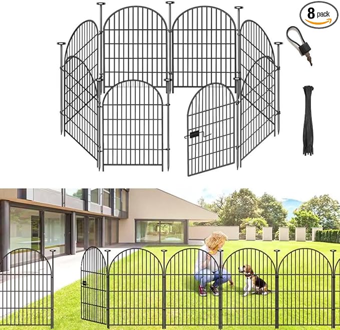 ADAVIN Garden Fence Animal Barrier with Gate 32 in(H)횞17.5 Ft(L) 8 Panels,Rustproof Metal Wire Tall Fencing Border for Dogs Rabbits,Outdoor no dig pet Fences,Black Flower Edging for Yard,Arched