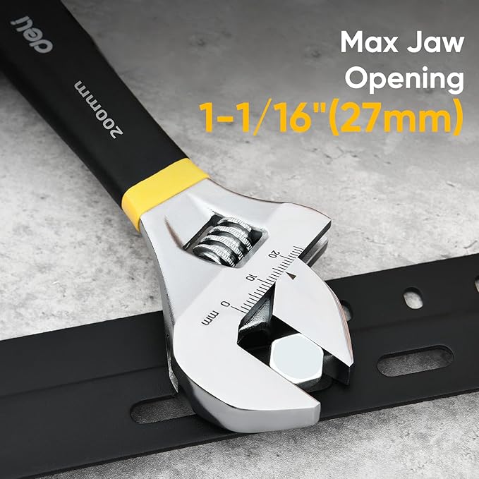 deli 8" Adjustable Wrench Heavy-Duty Chrome Anti-Slip Grip, Smooth-Jaw, Cr-V Steel, Wide Opening for Plumbing & DIY