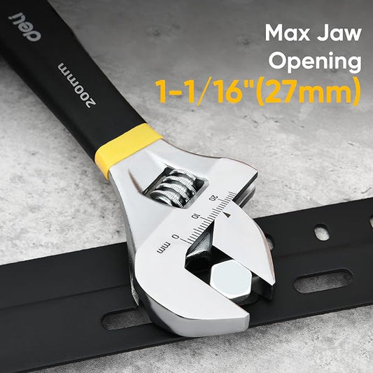 deli 8" Adjustable Wrench Heavy-Duty Chrome Anti-Slip Grip, Smooth-Jaw, Cr-V Steel, Wide Opening for Plumbing & DIY