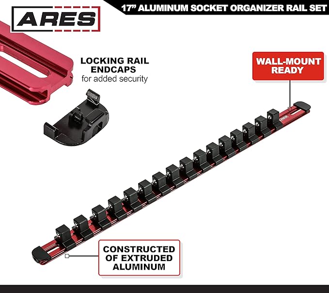 ARES 60124-3-Piece Red 17-Inch Aluminum Socket Rail Set with Locking End Caps - Includes 1/4-Inch, 3/8-Inch, and 1/2-Inch Drive Rails - Each Aluminum Rail Stores up to 16 Sockets