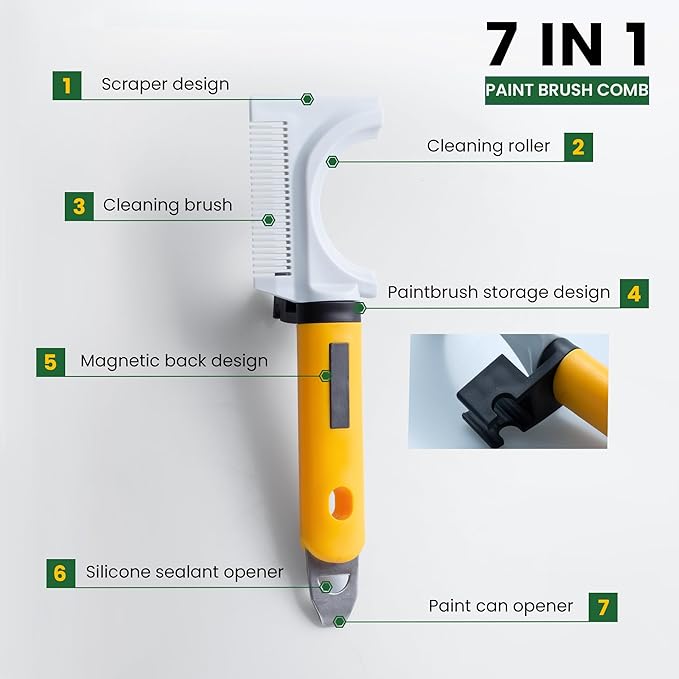 VOOMEY 7-in-1 Paint Brush Comb, Paint Roller Cleaner, Paint Brush Cleaner Tool,Paint Can Opener,Scraper Design