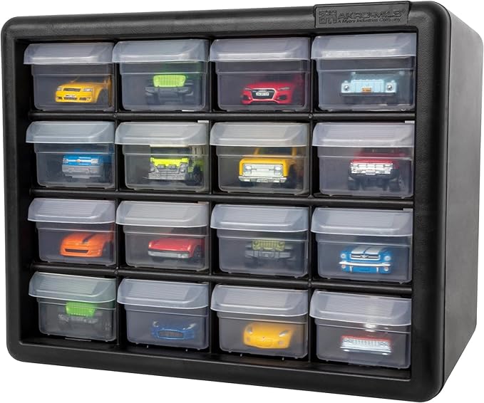 Akro-Mils 16-Drawer Plastic Drawer Storage Cabinet for Garage Organization, Beads, Makeup Organizer, Building Bricks Storage, Teacher Toolbox, 10-1/2" W x 6-1/2" D x 8-1/2" H, 10716 Black