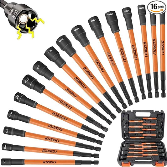 16Pcs Long Magnetic Nut Driver Set for Impact Drill | 6 Inch Long Nut Driver Set | SAE and Metric | 1/4 Inch Hex Shank | Cr-V Steel (16PCS Magnetic Nut Driver (Long))