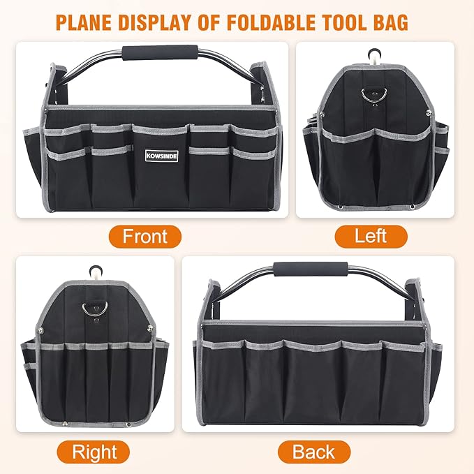 16 Inch Tool Bag, Electrician Tool Bag, Open Top Tool Bags, 26 Pockets Can Hold Many Tools, Steel Handle and Removable Shoulder Strap
