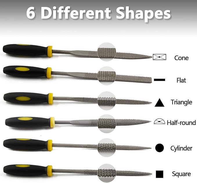 Bivethoi Metal Files Set of 6, Carbon Steel Rasp with Non-Slip TPR Rubberized Handle for Wood, Metal, Sharpening - Flat, Square, Triangle, Cylinder, Cone, Half-Round