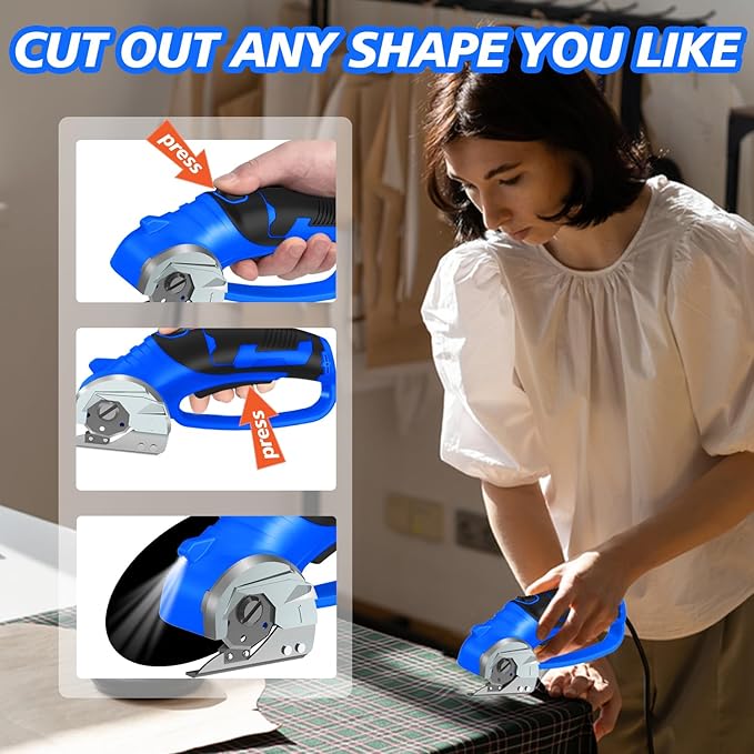 Cordless Electric Scissors, 4V Rechargeable Box Cutter & Cardboard Cutter with Titanium Blade, LED Light, Safety Lock - Rotary Cutter for Fabric, Leather, Carpet, Plastic, Crafting, Sewing(Royal Blue)