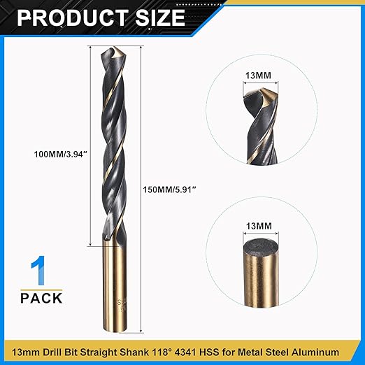 PATIKIL 13mm Drill Bit, Jobber Straight Shank 4341 High-Speed Steel 118째 Black and Gold Finish for Medium-Hard Metal Steel Acrylic - 1 Pack