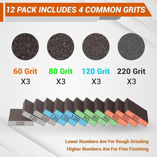 12 Pack Sanding Block, 60/80/120/220 Grit Sanding Sponge, Washable and Reusable Sandpaper Block, Sandpaper for Wood and Drywall, Sand Paper for Wood Furniture and Wall Repair