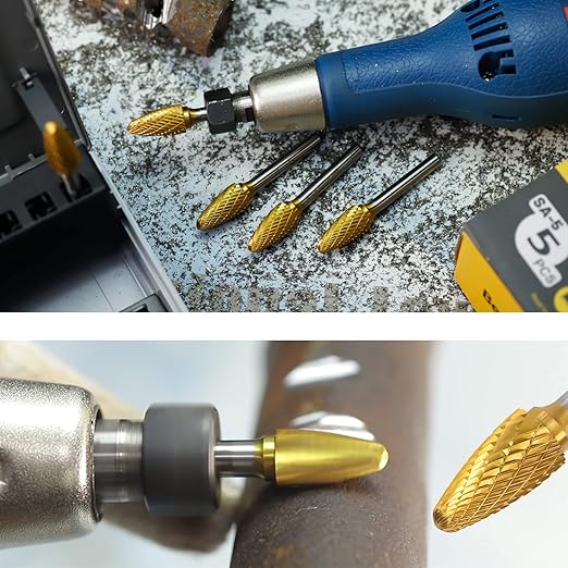 SF-5 5pcs Tungsten Carbide Burr TiN Rotary File Tree Shape Radius End Shape Double Cut for Die Grinder Drill Bits 1/4'' Inch Diameter of Shank and 1/2'' Diameter of Cutter 1'' Inch Cutter Length