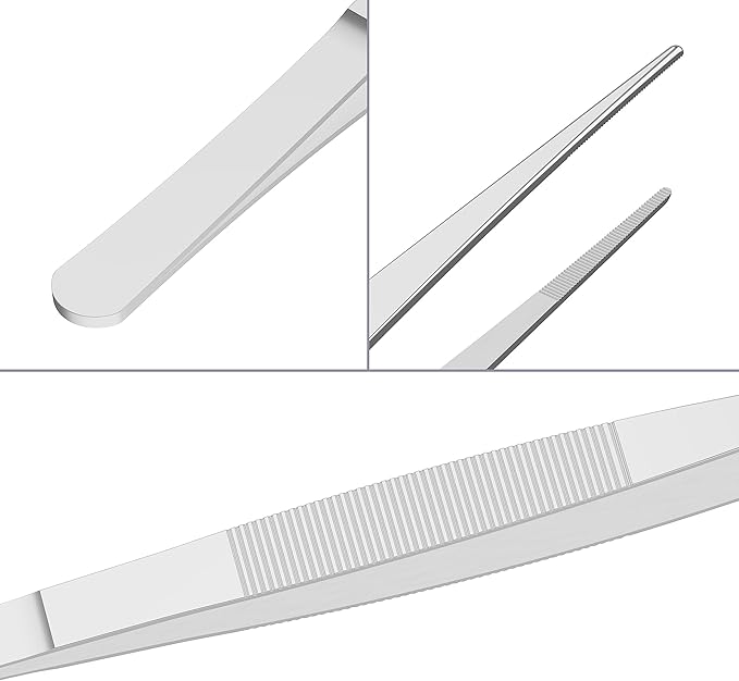 5 PCS 7.1 Inch Stainless Steel Tweezers, Straight pointed Serrated Tips, Perfectly Aligned, 3/64 Inch Thickness Stainless Steel, Multipurpose Daily Garden Home Lab Craft Repairing Tool