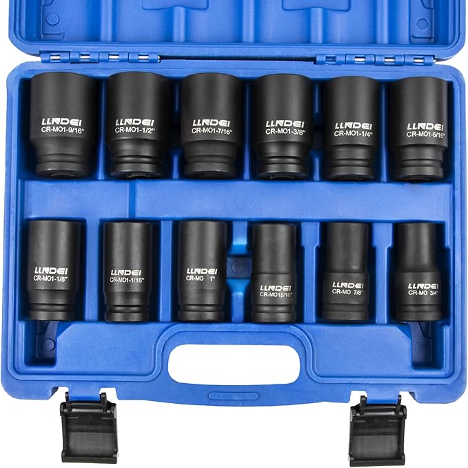 LLNDEI 3/4 inch Drive Impact Socket Set, 12 Piece Heavy Duty CR-MO Deep/Jumbo Sockets 6 Point Design, SAE 3/4" to 1-9/16", for Large Vehicle and Apparatus Maintenance