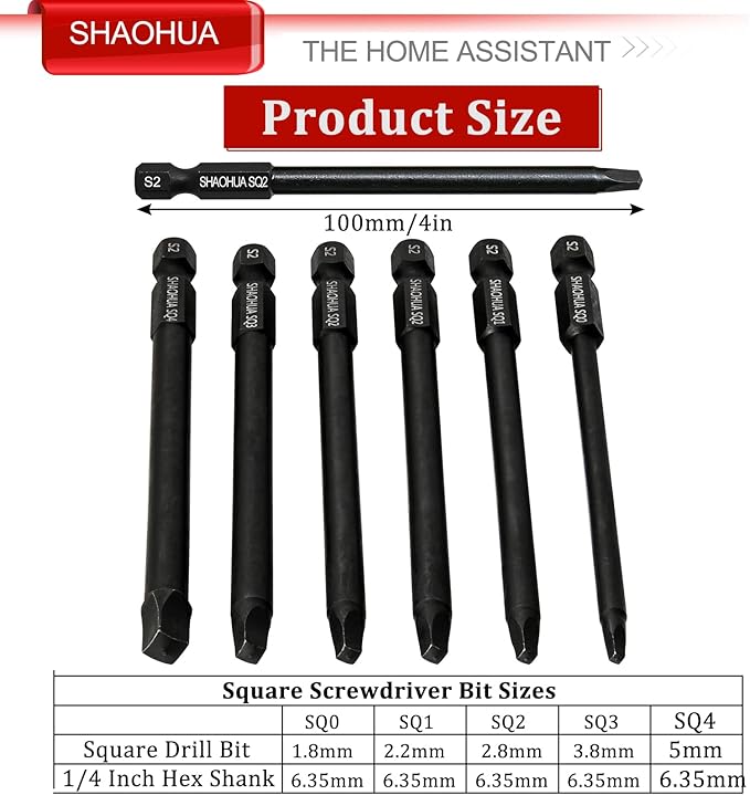 6PCS Square Drive Bits, SQ0/1/2/3/4 Allen Wrench Screwdriver Set, 4 Inch竊?00mm) Square Impact Driver Bits, 1/4 Hex-Shank Pocket Hole Screw Drill Bit, Magnetic Screwdriver for Appliances Repairs