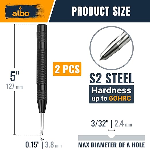 ALBO Automatic Center Punch Tool ??5 Inch Spring Loaded Punch for Metal, Wood & Steel ??Heavy Duty Drill Punch ??Blackened Finish, Precision Tip for Accurate Marking in Workshop (2pcs)
