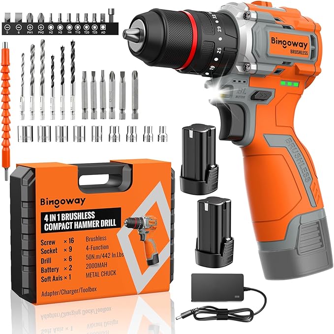50N.m Brushless Cordless Drill, 4-Function Electric Drill with 36 pcs Accessories, Keyless Metal Chuck, 35 Torque Adjustment, 2pcs Batteries, 2 Speed, Screwdriver, Wrench, Impact Gun For Housework