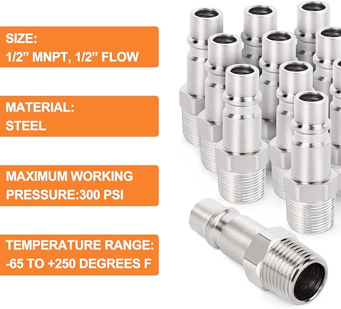GASHER 10PCS 1/2-Inch NPT Male Industrial Air Tool Fitting, 1/2-Inch High Flow Pneumatic Plugs Max Working Pressure 300PSI