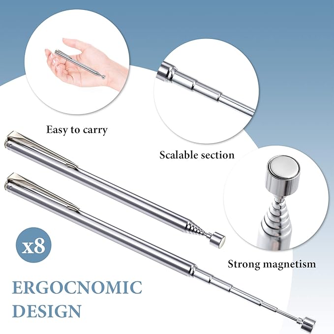 Patelai 4 Pieces Telescoping Magnetic Pick up Tool Grabbers Reacher Tools with Pocket Clip 25 Inch Telescopic Retrieving Magnet Gift for Man, Father, Mechanic, Handyman, Husband (Silver)