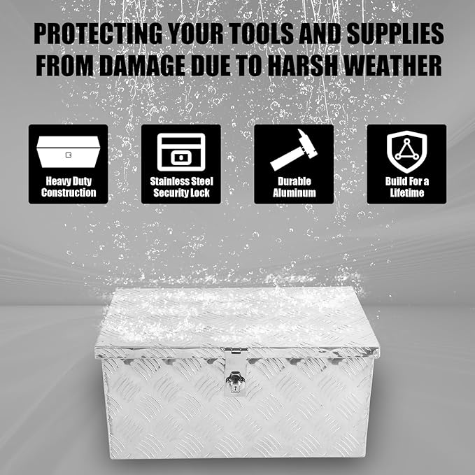 confote 20" Heavy Duty Aluminum Stripes Plated Tool Box Pick Up Truck Bed RV Trailer Toolbox Waterproof Square Storage Organizer with Side Handle, Lock with Keys -20"x 13"x 10"竊똕ilver