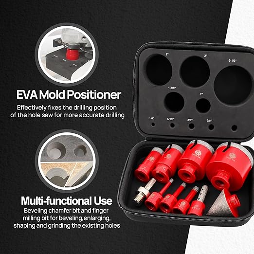 Diamond Core Drill Bit Set - FOCSTOL 10pcs (6/8/10/25/35/50/65mm+10mm Finger Milling Bit+50mm Beveling Chamfer Bit+Hex) Hole Saw Kit for Porcelain Ceramic Tile Marble Granite with 5/8''-11 Thread