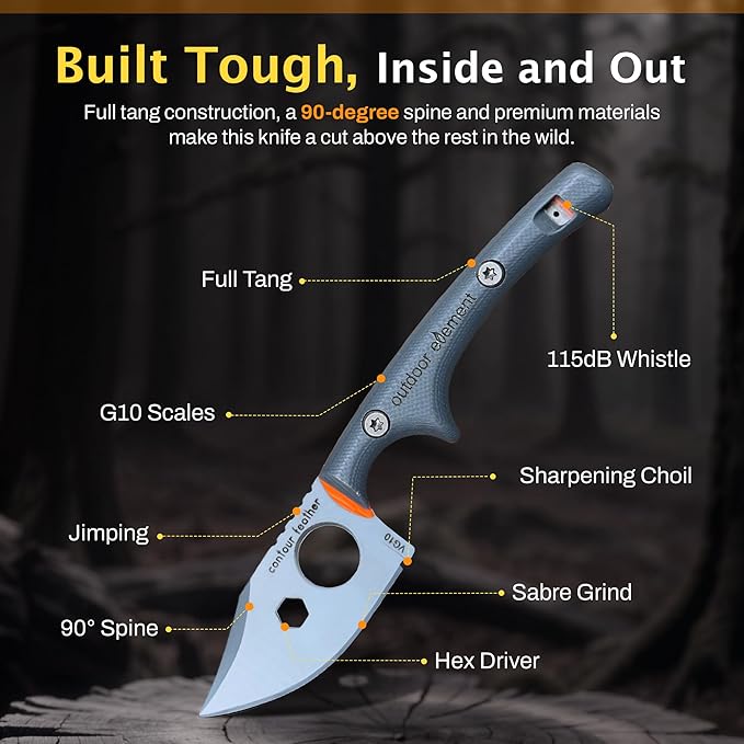 OUTDOOR ELEMENT Contour Feather Survival and Culinary Knives ??VG10 Steel Fixed Blade with Fire Starter, Hex Driver, Knife Sharpener, Sheath & Built in Whistle - Built For Camping & Outdoor Adventure