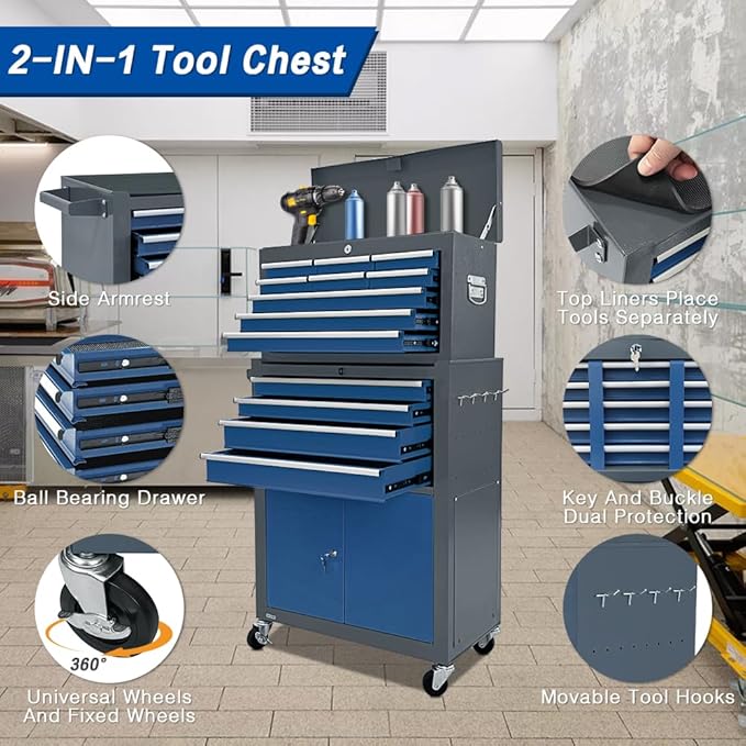 13-Drawer Tool Chest with Double Door and Wheels, Large Detachable Tool Box with Sliding Drawers, Mechanic Toolbox Storage Cabinets, Metal Tool Cart for Garage Workshop (Blue竊낶rey)