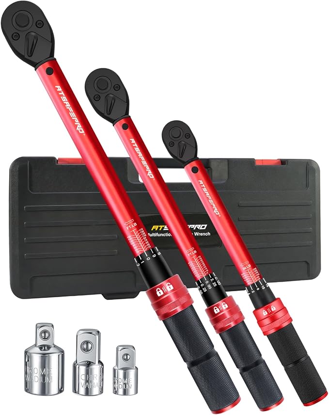 ATsafepro Torque Wrench Set-1/4 20??40 in-LB, 3/8" 5??0 ft-lb,1/2" 10??70 ft-lb with 3 Socket Adapters,짹3% Accuracy, Dual Scale, 72-Tooth, Dual-Direction for Car, Bike, Motorcycle Repair Maintenance
