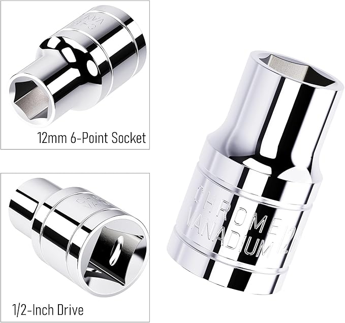 12mm Shallow Socket, 1/2 Inch Drive, 6-Point, Metric, Heat Treated CR-V Steel Short Sockets, Full Polishing, 1.5 Inch Length