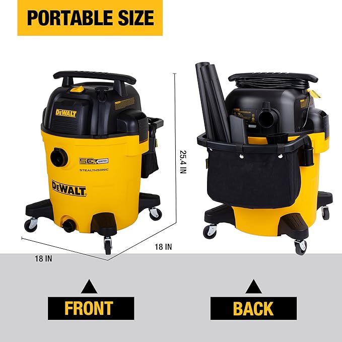 DEWALT 12 Gallon STEALTHSONIC Ultra Quiet Poly Wet Dry Vacuum, DXV12P-QTA Powerful Suction Noise Reduction Vac, 5.5 Peak HP Shop Vacuum for Jobsite/Workshop, Reduce Motor Noise, Yellow