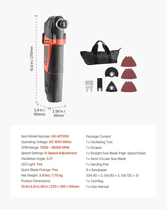 VEVOR Oscillating Tool Multitool, 4Amps Electric Oscillating Multi Tool Corded with 6 Variable Speeds 7000-19000 OPM, 3.2째 Oscillating Angle, 13PCS Saw Accessories, LED Work Light & Tool Bag