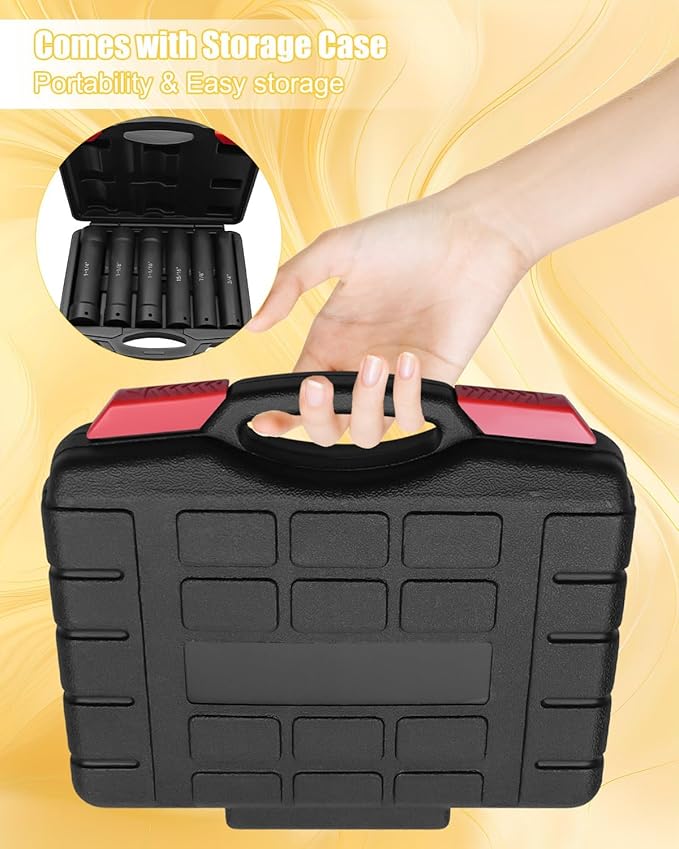 1/2 Inch Drive Extended Length Impact Socket, Extended Deep Sockets Hex Sizes 3/4in 7/8in 15/16in 1-1/16in 1-1/8in 1-1/4in Impact Set Heavy Duty with Case, 6PCS