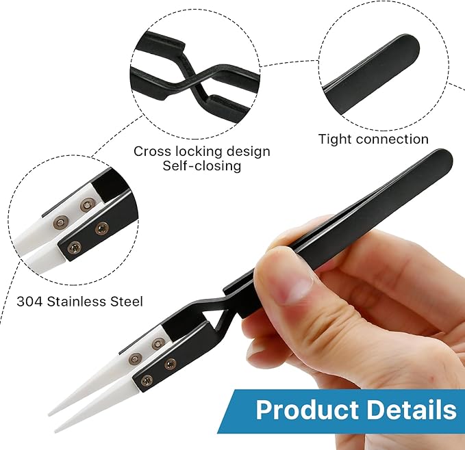6 Pcs Precision Reverse Ceramic Tweezers Set, Non-Conductive Heat-resistant Electronics Soldering Tweezers Anti-Magnetic Pointed & Curved Tips Tweezers for Solder, Pinching Coils (Black)