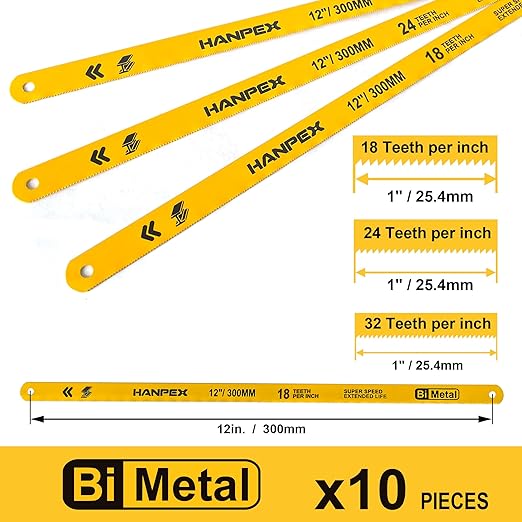 Hacksaw Replacement Blade Sets (10 Pack) High Speed 3Pc. 18TPI / 3Pc. 24TPI / 4Pc. 32TPI- 12" Length Hack Saw Blade - Bi-Metal HSS Cutting Blades