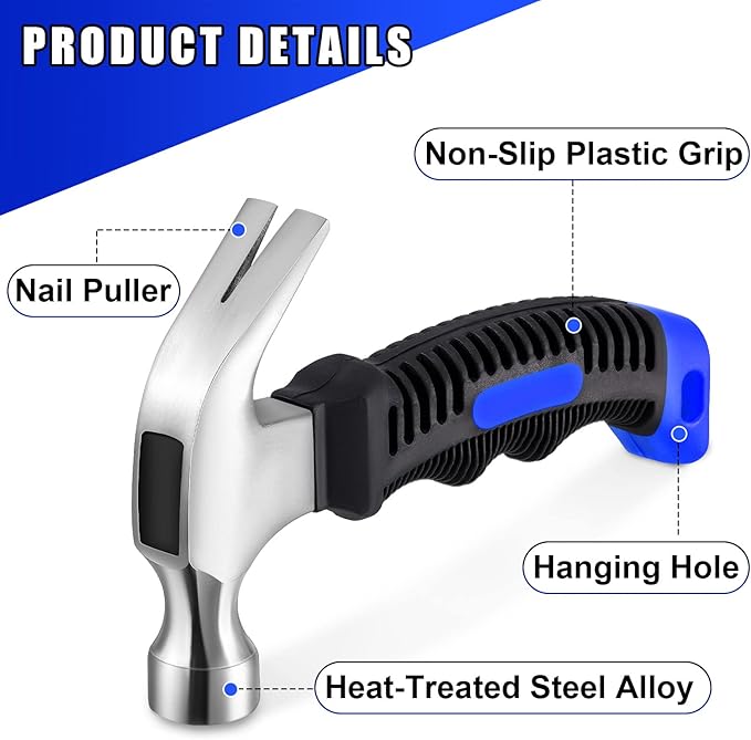 8 Pieces Small Hammer 12 Ounce Mini Hammer for Kids Women Men, Lightweight Melt Claw Hammers Bulk with Hardware Nails for Hanging Pictures Crafts Tent Kit (Blue and Black)