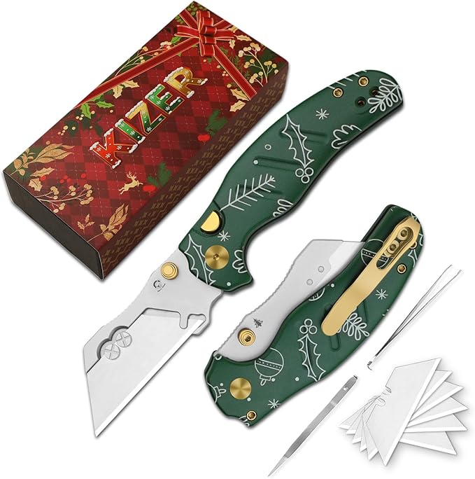 Kizer C01C 2.9(Dual-screw Version) Utility Knife, Button Liner Lock Box Cutter EDC Pocket Knife with 5PCS Razor Blades, Small Folding Knives with Integrated Tool in Green G10 Handle, V3488.29JMC1