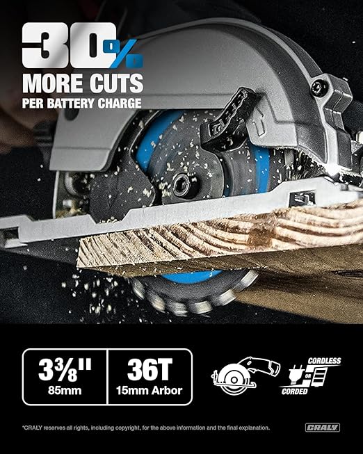 CRALY 3-3/8 Inch 36 Teeth Fine Finish Wood Cutting Circular Saw Blade, 15mm Arbor, Carbide Tipped, Thin Kerf, Black Ice™ Coating, for Plywood, MDF, OSB, Laminated, 3-Pack(C0336FF-3)