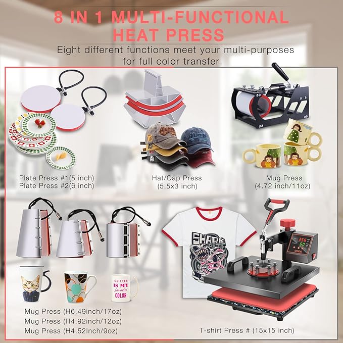 OIIEE Heat Press Machine 8 in 1 Combo Heat Press 15 x 15 Inch Heat Transfer Machine 360-Degree Swing Away Digital Shirt Printing Multifunction Heat Transfer Sublimation for T Shirts Mugs Hat Plate Cap