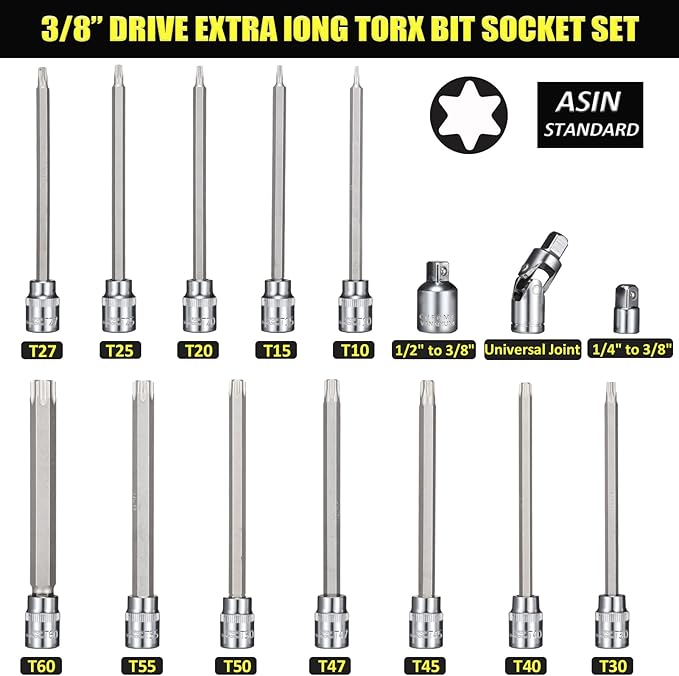 15-Piece Extra Long Torx Bit Socket Set 3/8" Drive T10-T60 Long Torx Bit Set, CR-V and S2 Steel, 6" Length