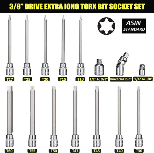 15-Piece Extra Long Torx Bit Socket Set 3/8" Drive T10-T60 Long Torx Bit Set, CR-V and S2 Steel, 6" Length