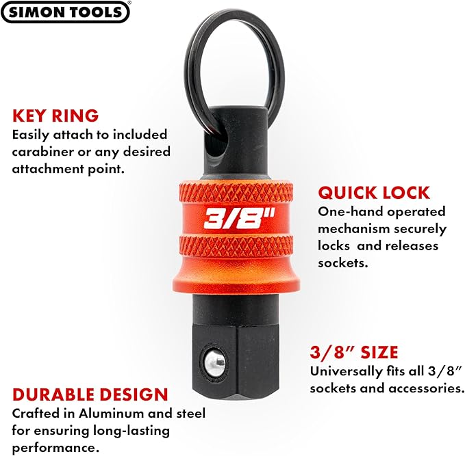 Socket Holder Keychain 3pc - 3/8 Socket Organizer with Quick Release and Clip - Perfect Impact Wrench and Toolbox Accessories for Construction Workers, Linemen, Mechanics and Carpenters
