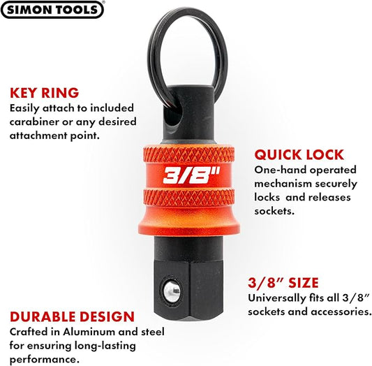 Socket Holder Keychain 3pc - 3/8 Socket Organizer with Quick Release and Clip - Perfect Impact Wrench and Toolbox Accessories for Construction Workers, Linemen, Mechanics and Carpenters