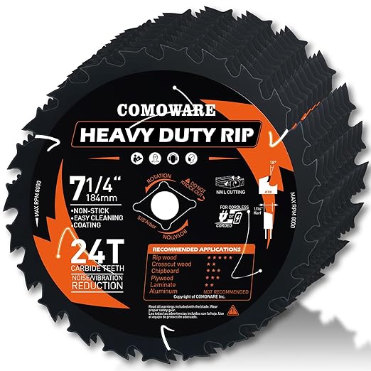 COMOWARE 7-1/4“ Circular Saw Blade 10pcs, 24T ATB Circular Saw Blade, 5/8" Arbor, Laser-Cut Ultra-Thin Kerf, Anti-Vibration, Teflon Anti-Stick, Miter Saws Blades for Hardwood and Precision Cutting