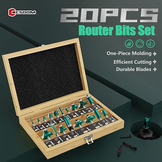 CSOOM 20PCS Router Bits , 1/4?쓂oodwork Tools竊똏rofessional Carbide Milling Cutter Set , Ideal for Woodworking Project