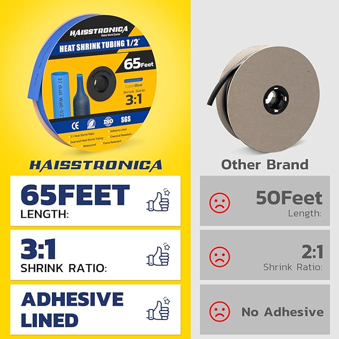 haisstronica 3:1 Heat Shrink Tubing, Shrink Ratio Adhesive Lined Marine Grade Heat Shrink Tube for Home, Automotive and Industrial (Blue) 65FT 1/2inch