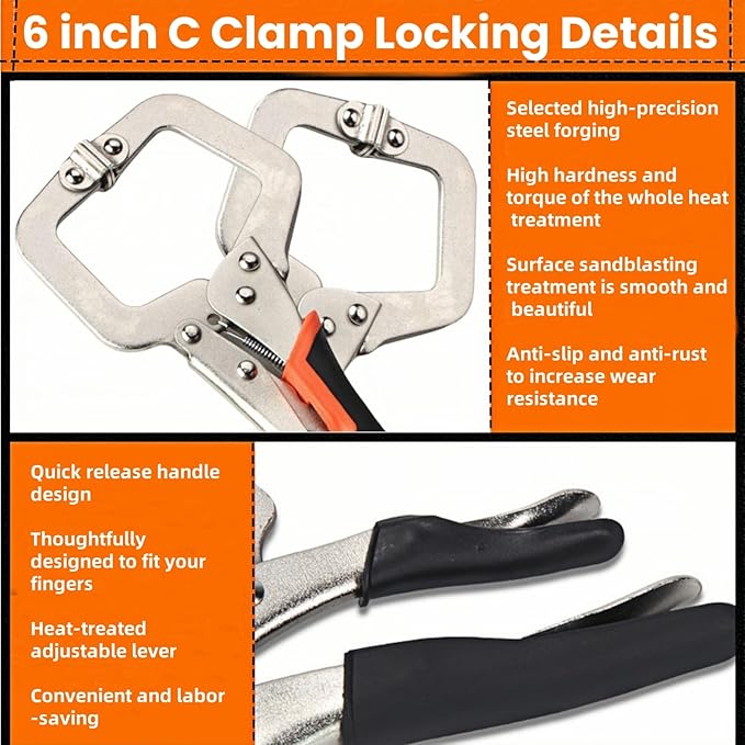 6 inch C Clamp Locking, 10Pcs Heavy Duty Welding Clamps Pliers Set Vise Grip Clamps with Swivel Pad for Electrician Maintenance, Wood Working, Welding and Craftsmen Home Workshop