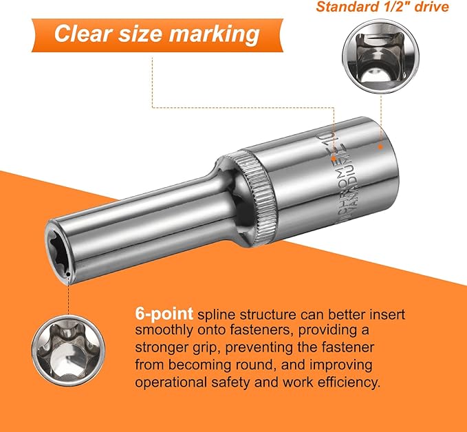 HARFINGTON 2pcs E-Torx Socket 1/2" Drive E10 Star Female Socket 3.1" Length External Torx Deep Sleeve Chrome Plating 6 Point Spline Sleeve for Auto Repairs Home Maintenance