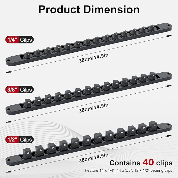 FivePears 3PCS 360째 Socket Organizer Twist Lock,3/8 1/4 1/2 Socket Storage Rails, Premium Quality Socket Holders for Tool Box 竊똖ool Carts竊똂ontains up to 40 Clips (Blue, Red and Black)