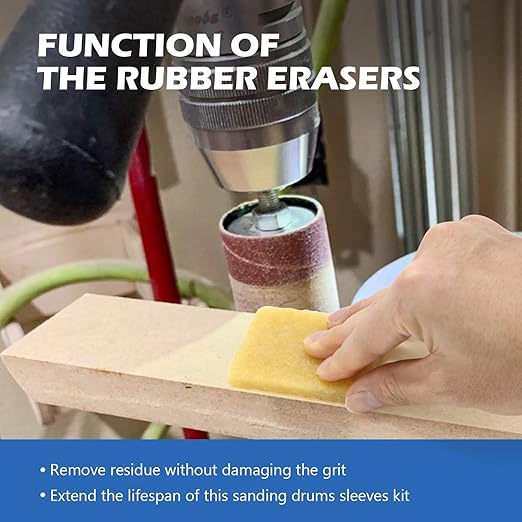 Sanding Drum and Sleeves Set 1-1/2’’,1’’, 1/2’’ with 2 Rubber Erasers, Drill Sanding Kit for Sanding Polishing Multiple Materials Wood Fiberglass Metal, 80, 120 Grit-27PCS