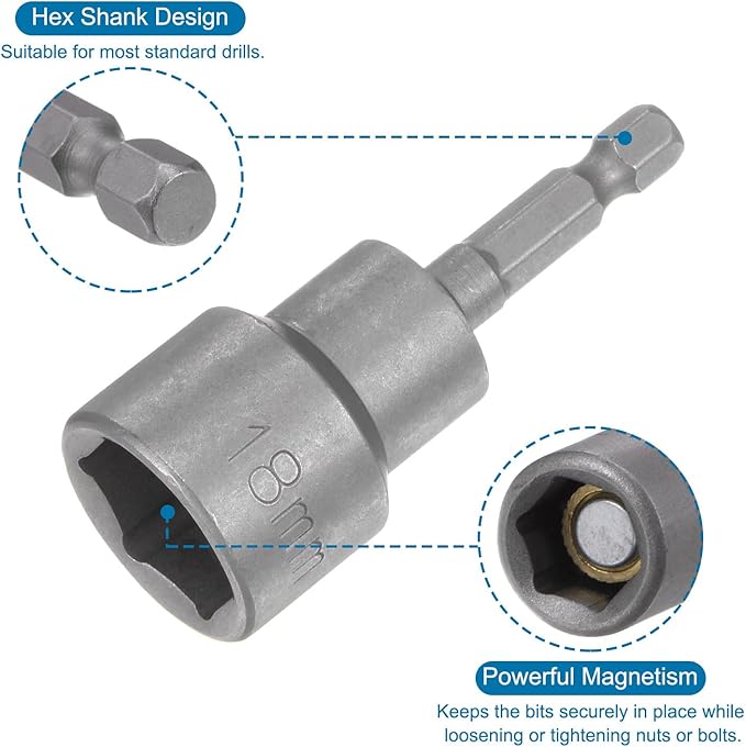 uxcell 18mm Magnetic Hex Socket 65mm/2.56", 1/4" Hex Shank Magnetic Power Nut Driver Set CR-V Quick-Release Extensions for Impact Drill Nut Setters Socket Wrench Screw, 2 Pcs